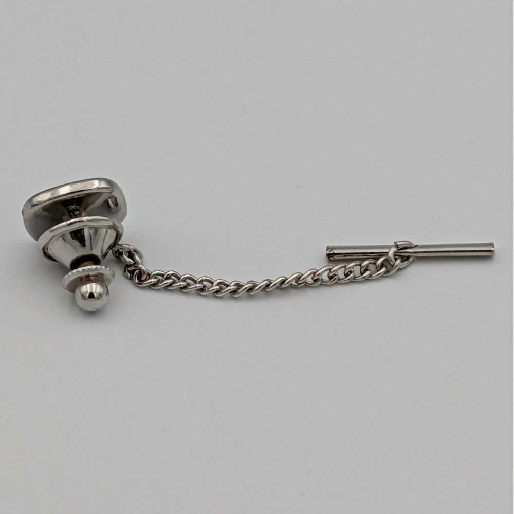 VTG Silver Tone Tie Tack Cushion Black Onyx Stone Safety Chain T-Bar Pin